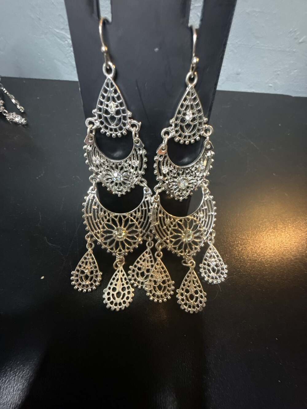 Silver Tone Filigree Chandelier Dangle Earrings with Teardrop Accents